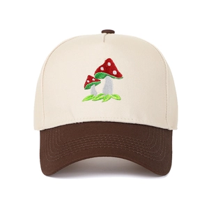 Mushroom embroidery five-panel trucker hat with off-white crown and brown visor