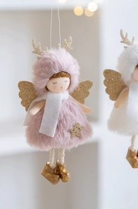 Detailed plush pink angel girl ornament with golden antlers and glittery wings