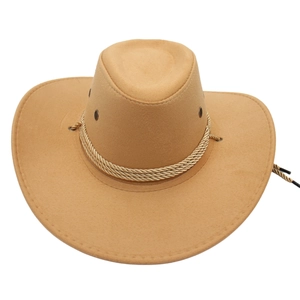 Macro detail of camel felt cowboy hat featuring metal air vents and braided rope band