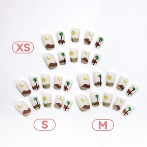 Press-on nails featuring desert landscape motifs with sun moon and palm trees in sizes XS S M