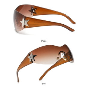 Detail view of Y2K rimless sunglasses showing the silver metal star on brown lenses