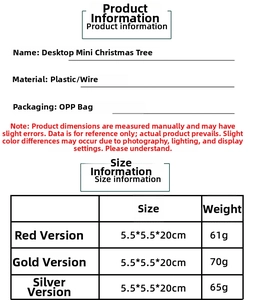 Size chart for 20cm mini desktop Christmas trees in red, gold, and silver finishes