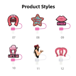 Detail of 6 Western-themed silicone straw covers with cowboy hats and horseshoe designs