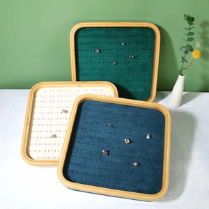 Square Bamboo Jewelry Display Tray Velvet Ring Holder Organizer Slot Wooden Earring Studs Showcase Props High End
