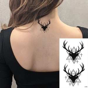 Waterproof tattoo sticker featuring a geometric black deer head design on the neck