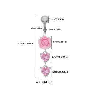 Détails des dimensions du piercing de nombril avec rose rose et cristal en forme de cœur
