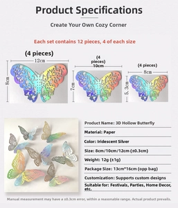 Size guide for 12pcs silver hollow 3D butterfly wall stickers with detailed dimensions