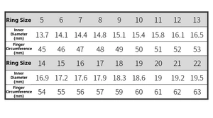 Detailed ring size chart showing inner diameter and circumference for S925 silver rings