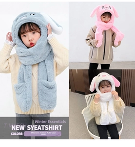 Detailed plush 3-in-1 children hood scarf and gloves with cute movable bunny ears