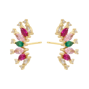 Macro shot of 18K gold-plated fan earrings set with marquise-cut colorful zircons
