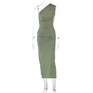 Detailed front view of olive green one-shoulder ruched bodycon maxi dress for women