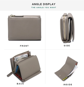 Detail view of grey litchi grain leather tri-fold wallet with zipper coin pocket and card slots