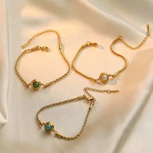 Women Titanium Steel Bracelet Gold Plated Inlaid Turquoise Faux Artificial Pearl Green Gemstone Geometric Rope Chain Elegant Jewelry