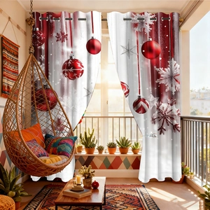 Detailed view of red and white Christmas curtains with snowflake prints and metal ring grommets