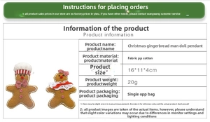 Detailed view of handmade gingerbread man plush ornaments with red stripe hats and lace collars