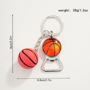 Detail view of basketball bottle opener keychain with dimensions 8x6.8cm and 38g weight