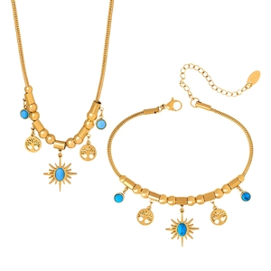 Golden Tree of Life jewelry set with blue turquoise pendants on necklace and bracelet
