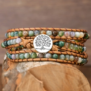 Handmade Wrap Bracelet Natural Indian Agate Stone Wax Cord Tree Of Life Alloy Button Bohemian Ethnic Style Jewelry