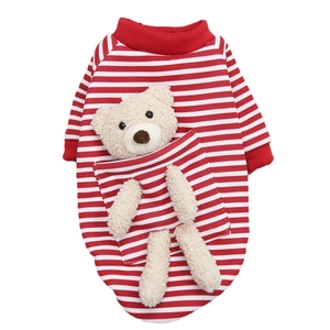 Classic red and white striped knit pet sweater featuring a plush 3D bear ornament