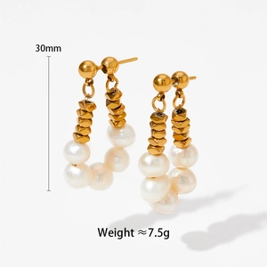 Detailed view showing 30mm length and 7.5g weight of gold beaded pearl earrings
