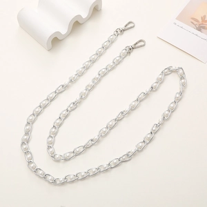 Detail of silver metal and pearl chain strap with lobster clasps for bags or phones