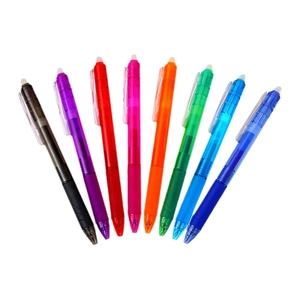 Set of 8 colorful retractable erasable gel pens with transparent barrels and grips