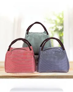 Detail of insulated lunch bag showing striped oxford fabric and thermal aluminum foil lining