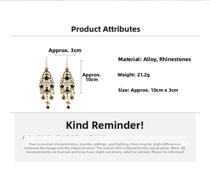 Detailed size specifications for vintage hollow carved drop earrings with black rhinestones