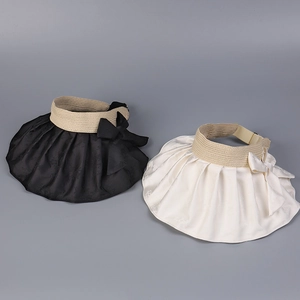 Detail of satin jacquard bow on sun hat with woven headband and wide brim