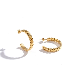 Pair of gold stainless steel C-shaped twisted rope earrings with high-polish metallic finish