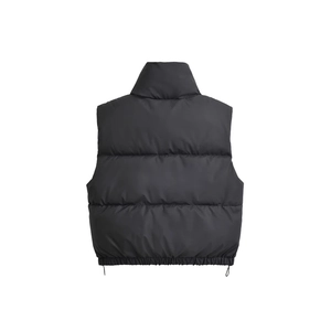 Women's black puffer vest featuring a stand collar and back view with quilted texture