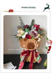 Capybara plush flower pot with roses, pine needles and a mini knit Christmas hat