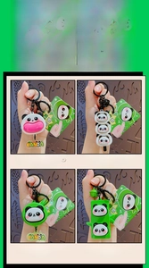 Detail of four cute panda keychain designs with silicone fidget bubbles and metal charms