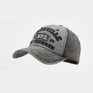 Detail of vintage charcoal grey washed baseball cap with Rosville embroidery and stitching