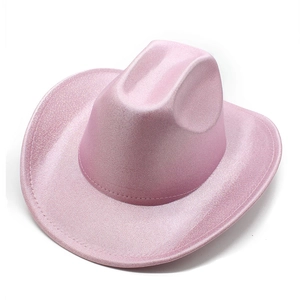 Detailed top view of a pink iridescent cowboy hat with shimmering glitter finish and stitching