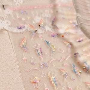 Rainbow laser butterfly nail stickers with gold foil clouds and stars on lace background
