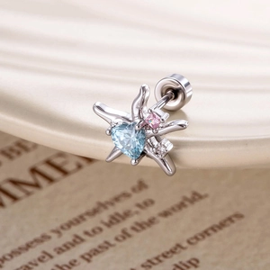 Blue heart zircon and pink square gem starfish stud earring in silver finish