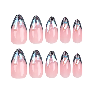 Glitter black French almond press-on nails with 3D iridescent shell fragments