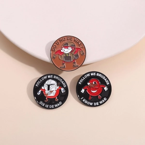 Three-piece geometric enamel pin set featuring circular metal badges with pop culture memes