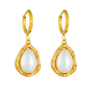 French retro gold plated stainless steel teardrop pearl earrings on a white background