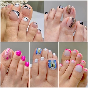 Collection of decorative false toe nails in five stylish geometric and butterfly patterns