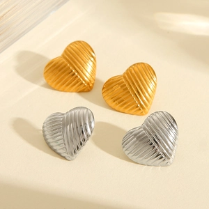 18K gold and silver heart-shaped stainless steel earrings with textured pleated finish