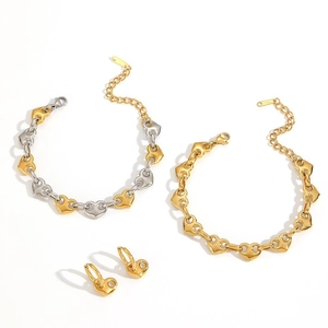 Parure de bijoux coeur en acier inoxydable avec bracelets et boucles d'oreilles dorés