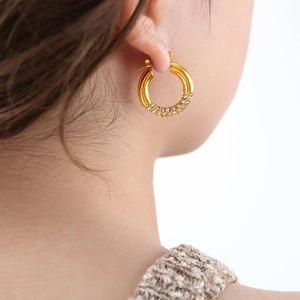 Elegant gold plated titanium steel hoop earrings with double row sparkling rhinestones