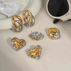 Chic two-tone gold and silver stainless steel earrings in oval, heart, and spiral designs