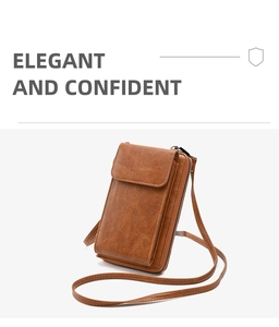 Detailed close-up of brown PU leather phone bag with adjustable strap and side zipper