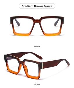 Detail view of gradient brown square glasses frame with gold metal hinge accents