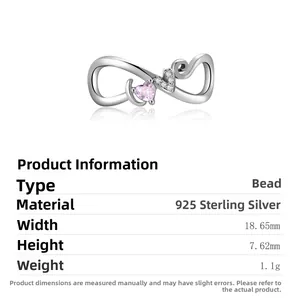 Detailed view of infinity heart charm in S925 sterling silver with pink zircon