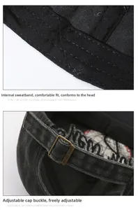 Detail of adjustable metal buckle and internal sweatband on washed cotton baseball cap