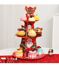 Three-tier Christmas cardboard cupcake stand with reindeer and Santa Claus illustrations